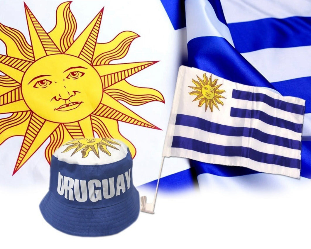 Bandera de Uruguay 1,50x0,9 + bandera para auto + gorro
