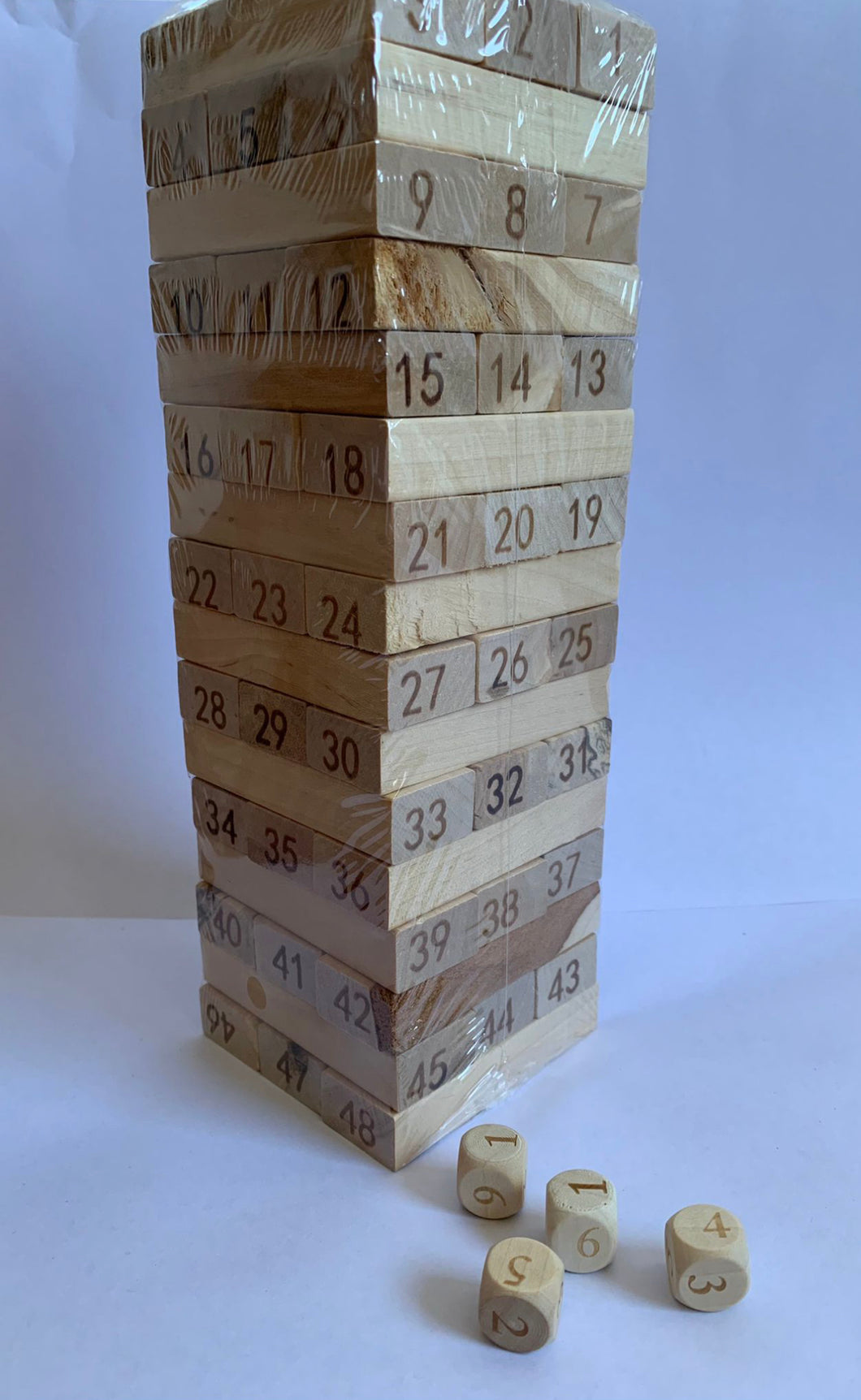 JENGA en madera con números y dados